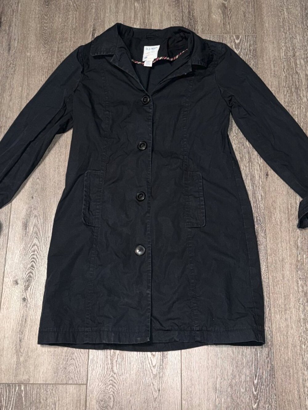 Old Navy Women (L) Black 100% Cotton Long Trench Coat Jacket 4 Button